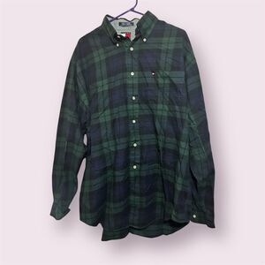 Tommy Hilfiger Shirt Mens L Green Blue Plaid Long Sleeve Button Up Big And Tall